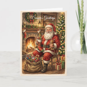 Retro Vintage Kerstman Kerstkaart bij de Haard Feestdagen Kaart