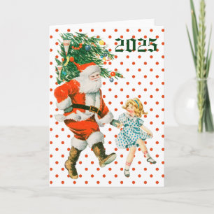 Retro Vintage Kerstman & Meisje Kerstmis Kaart