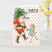 Retro Vintage Kerstman & Meisje Kerstmis Kaart (Gele Bloem)