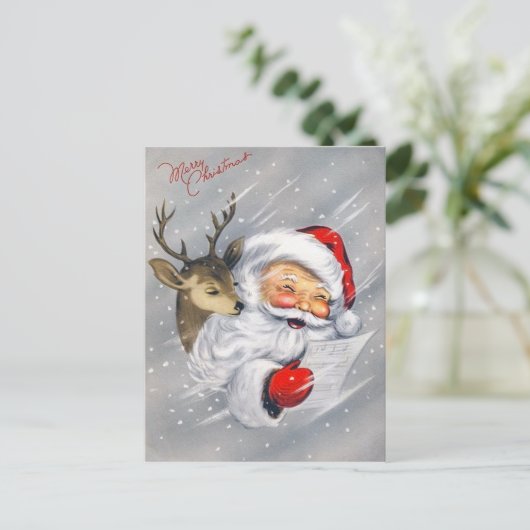 Retro vintage Kerstman rendier briefkaart (Staand voorkant)