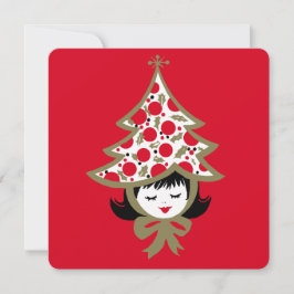 Retro Vintage Kerstmeisje met Boom Hoed Feestdagenkaart