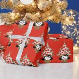 Retro Vintage Kerstmeisje met Boom Pet Cadeaupapier