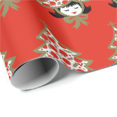 Retro Vintage Kerstmeisje met Boom Pet Cadeaupapier (Rol Hoek)