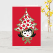 Retro Vintage Kerstmeisje met Boom Pet Kaart (Gele Bloem)