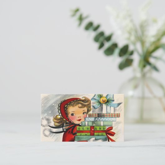 Retro Vintage-kerstmeisje met visitekaartje (Staand voorkant)