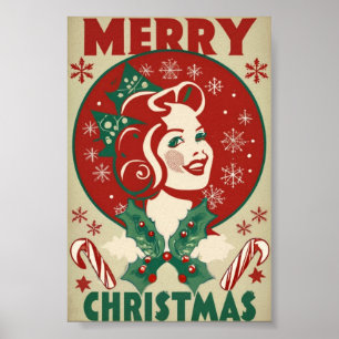 Retro vintage kerstmeisje traditioneel ontwerp poster