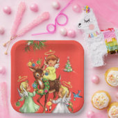 Retro vintage Kerstmis Angels rendierfeest Papieren Bordje (Feest)