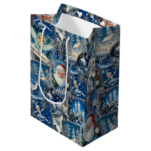 Retro Vintage Kerstmis: Blauwe Collage Medium Cadeauzakje (Voorkant Gekanteld)
