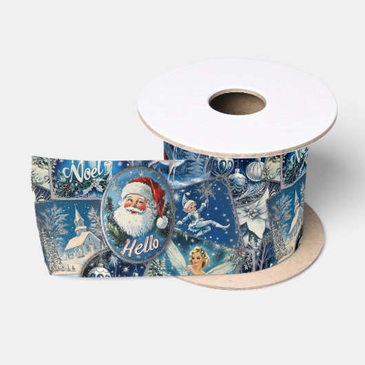Retro Vintage Kerstmis: Blauwe Collage Satijnen Lint (Spoel)