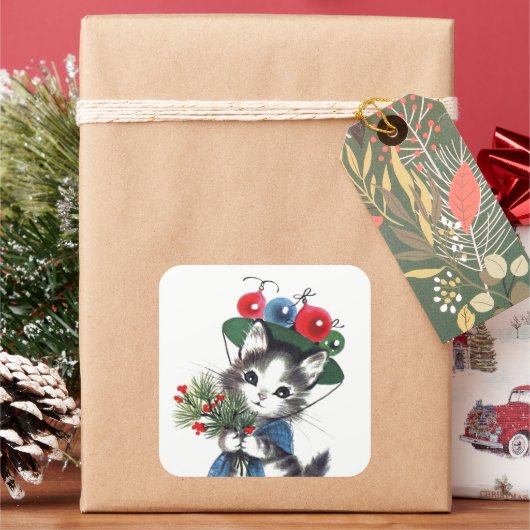 Retro vintage Kerstmis cat Holiday sticker (Feestdagen)