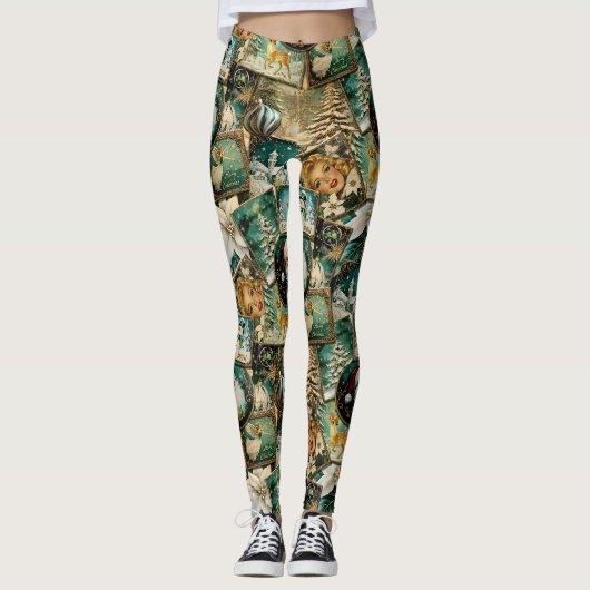 Retro Vintage Kerstmis: Groene Collage Leggings (Voorkant)