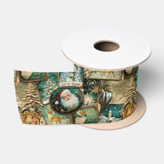 Retro Vintage Kerstmis: Groene Collage Satijnen Lint (Spoel)