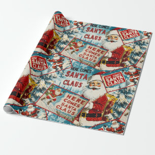 Retro Vintage Kerstmis: Hier komt de Kerstman Cadeaupapier