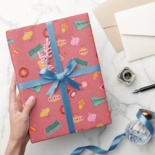 Retro Vintage Kerstmis Jaren '60 op Candy Roze Cadeaupapier