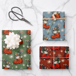 Retro Vintage Kerstmis Kerstman laarzen Inpakpapier Vel