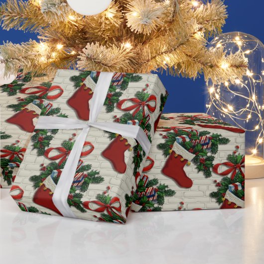 Retro Vintage Kerstmis: Rode kousen op baksteen Cadeaupapier (Feestdagen)