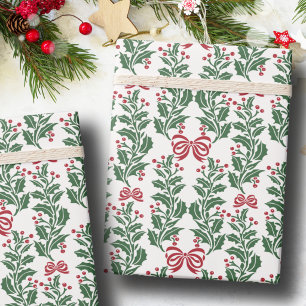 Retro Vintage Kerstmis Rood Groen Hulst Bessen Cadeaupapier