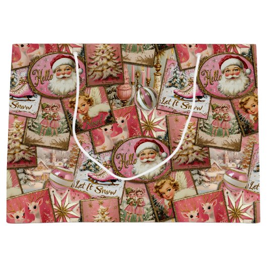 Retro Vintage Kerstmis: Roze Collage Groot Cadeauzakje (Voorkant)