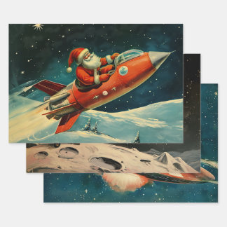 Retro Vintage Kerstmis: Santa's Space Adventure Inpakpapier Vel