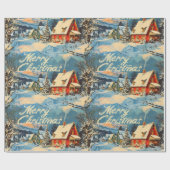 Retro Vintage Kerstmis: Sneeuwrijke dorpscène Cadeaupapier (Vlak)
