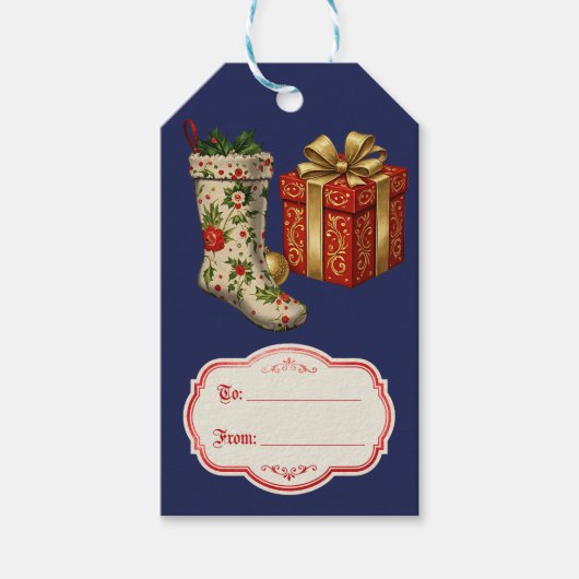 Retro Vintage Kerstmutsen Blauw Cadeaulabel (Voorkant)