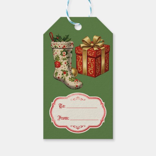 Retro Vintage Kerstmutsen Groen Cadeaulabel (Voorkant)