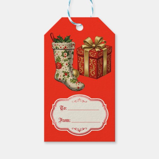 Retro Vintage Kerstmutsen Rood Cadeaulabel (Voorkant)