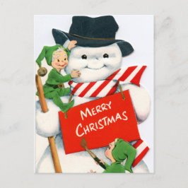 retro vintage kerstsnowman elf feestdagenkaart