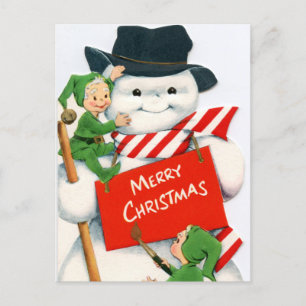 retro vintage kerstsnowman elf feestdagenkaart