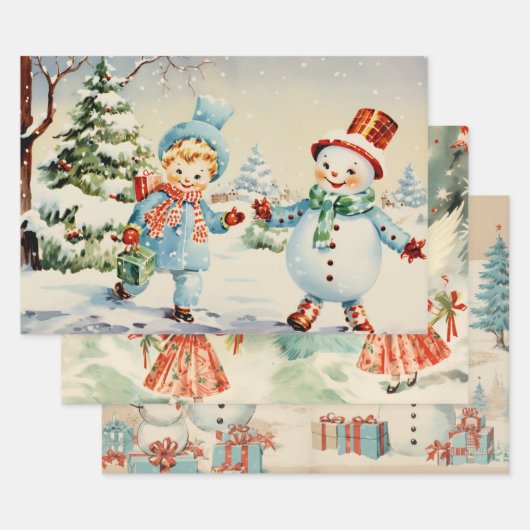 Retro Vintage Kersttrio Stijl G Inpakpapier Vel (Set)
