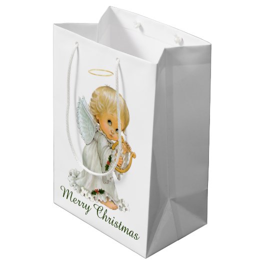 Retro vintage kerstvakantie engelenfeest medium cadeauzakje (Achterkant Gekanteld)