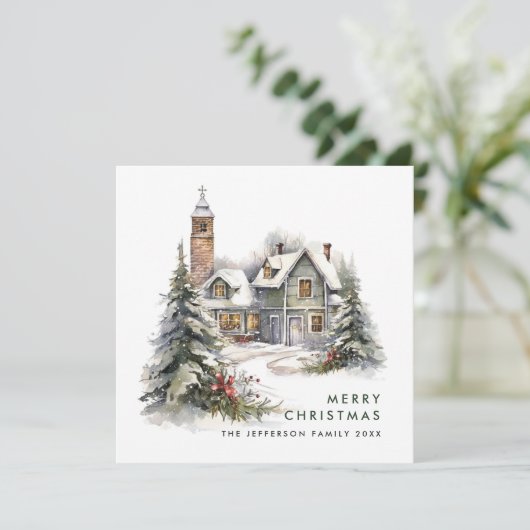 Retro Vintage Landhuis Kerstboom Feestdagenkaart (Staand voorkant)