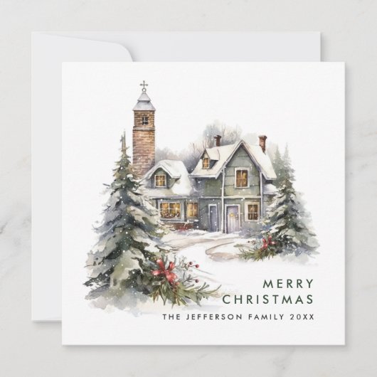Retro Vintage Landhuis Kerstboom Feestdagenkaart (Voorkant)