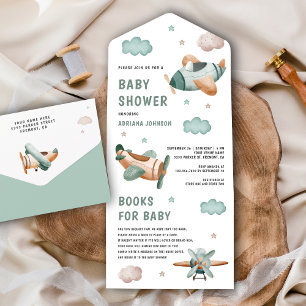 Retro Vintage Lieve Groene Vliegtuigen Baby Shower All In One Uitnodiging