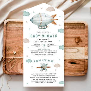 Retro Vintage Luchtballon Cute Blimp Baby Shower All In One Uitnodiging