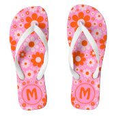 Retro Vintage Madeliefjespatroon Oranje Roze Monog Teenslippers (Voetbed)