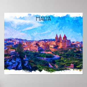 Retro Vintage Malta panorama Waterverf uitzicht Poster