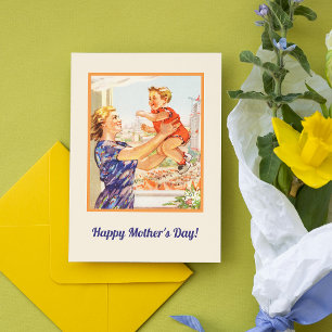 Retro Vintage Moederdag Kind 50s mid century Feestdagen Kaart