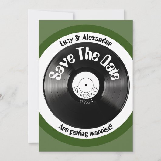 Retro vintage olijfgroene vinyl plaat bruiloft save the date (Voorkant)