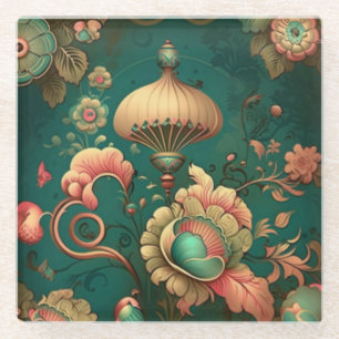 Retro vintage ontwerp bloemmotief groen glazen onderzetter