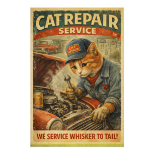 Retro Vintage Poster met Kattenmonteur voor Muur D