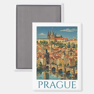 Retro Vintage Praag Tsjechië Stadsgezicht Magneet