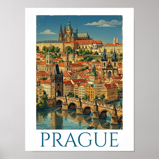 Retro Vintage Praag Tsjechië Stadsgezicht Poster (Voorkant)