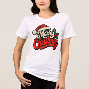 Retro Vintage Prettig Kerstmis Kerstman Hoed Hulst Tri-Blend Shirt