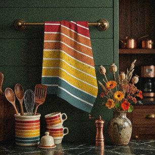 Retro vintage regenboog zonsondergang strepen theedoek