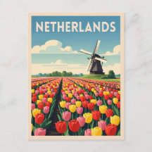 Retro Vintage Reizen Nederland Tulpen Landschap