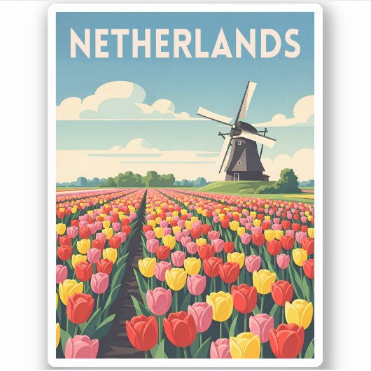 Retro Vintage Reizen Nederland Tulpen Landschap Sticker (Voorkant)