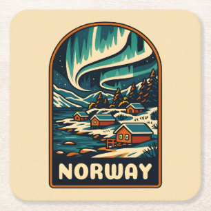Retro Vintage Reizen Noorwegen Noorderlicht Schild Kartonnen Onderzetters