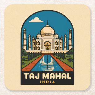 Retro Vintage Reizen Taj Mahal India Illustratie Kartonnen Onderzetters