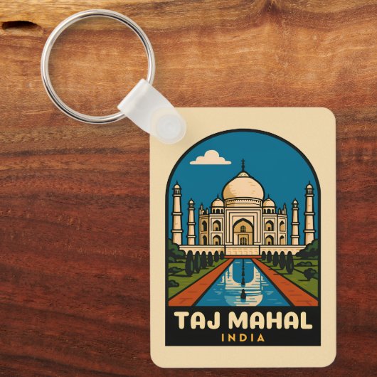 Retro Vintage Reizen Taj Mahal India Illustratie Sleutelhanger (Voorkant)